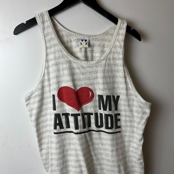 Vintage I Love My Attitude Tank Top Gray Cream XL Extra Large USA Striped Logo - Picture 10 of 14